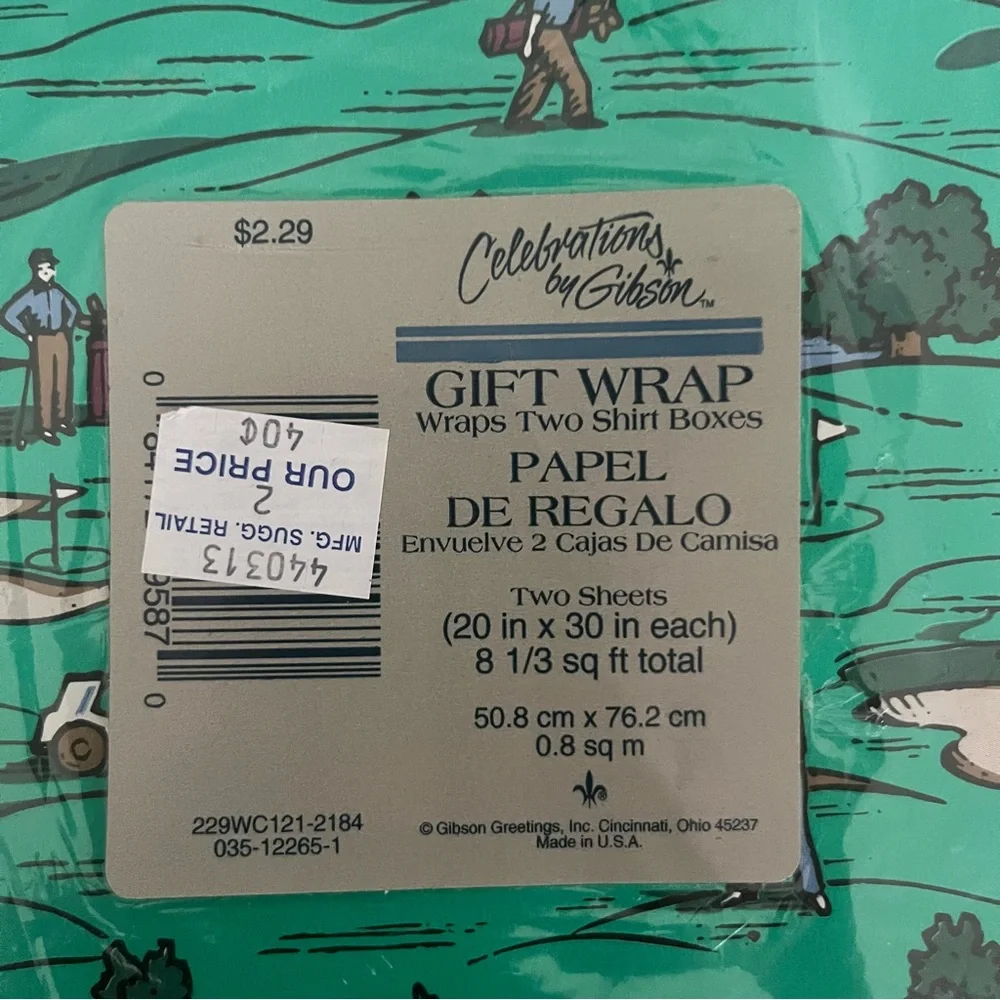 New old Stock Celebrations by Gibson Golf Themed Gift Wrap Paper Green Vintage
